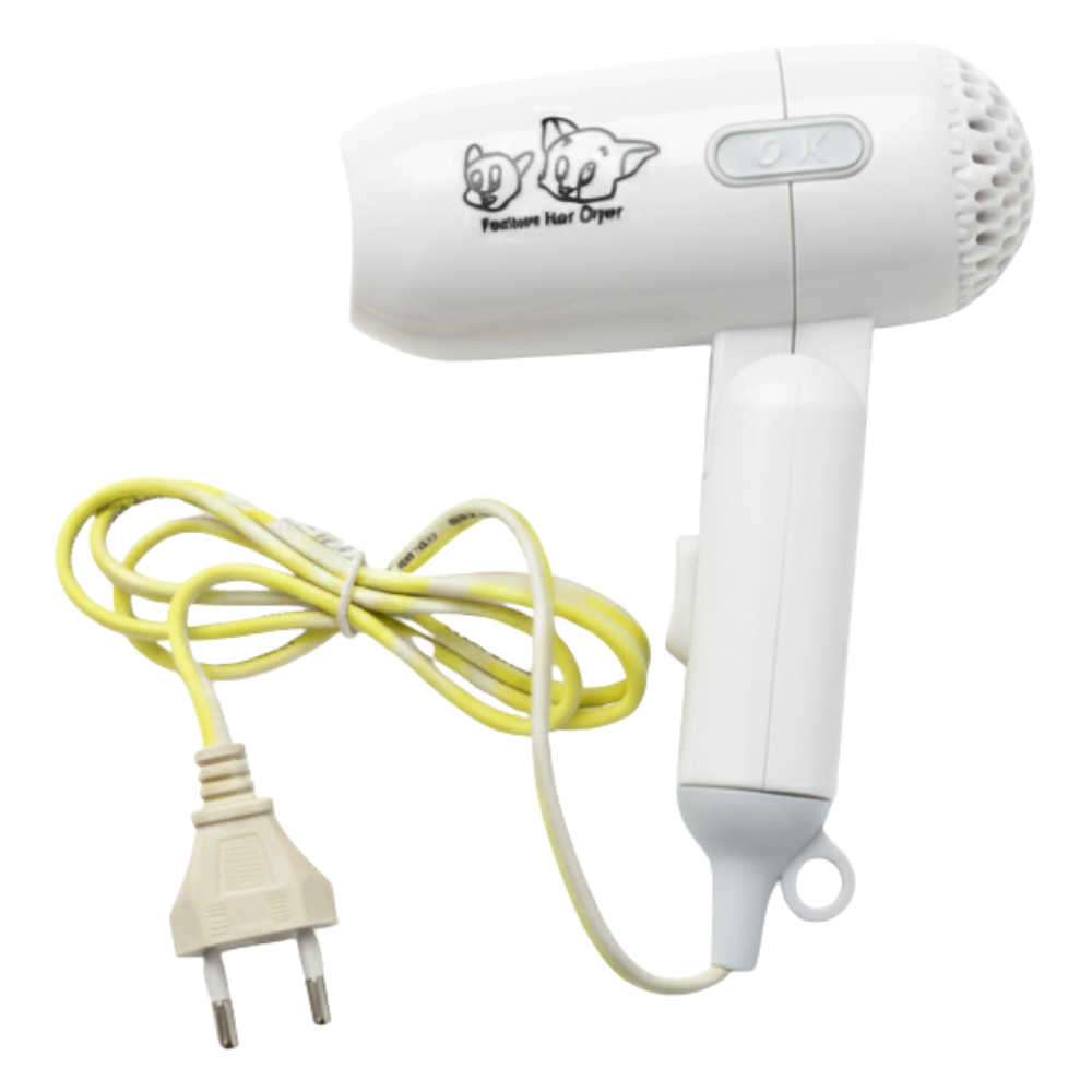 White hair dryer with yellow cord on a white background