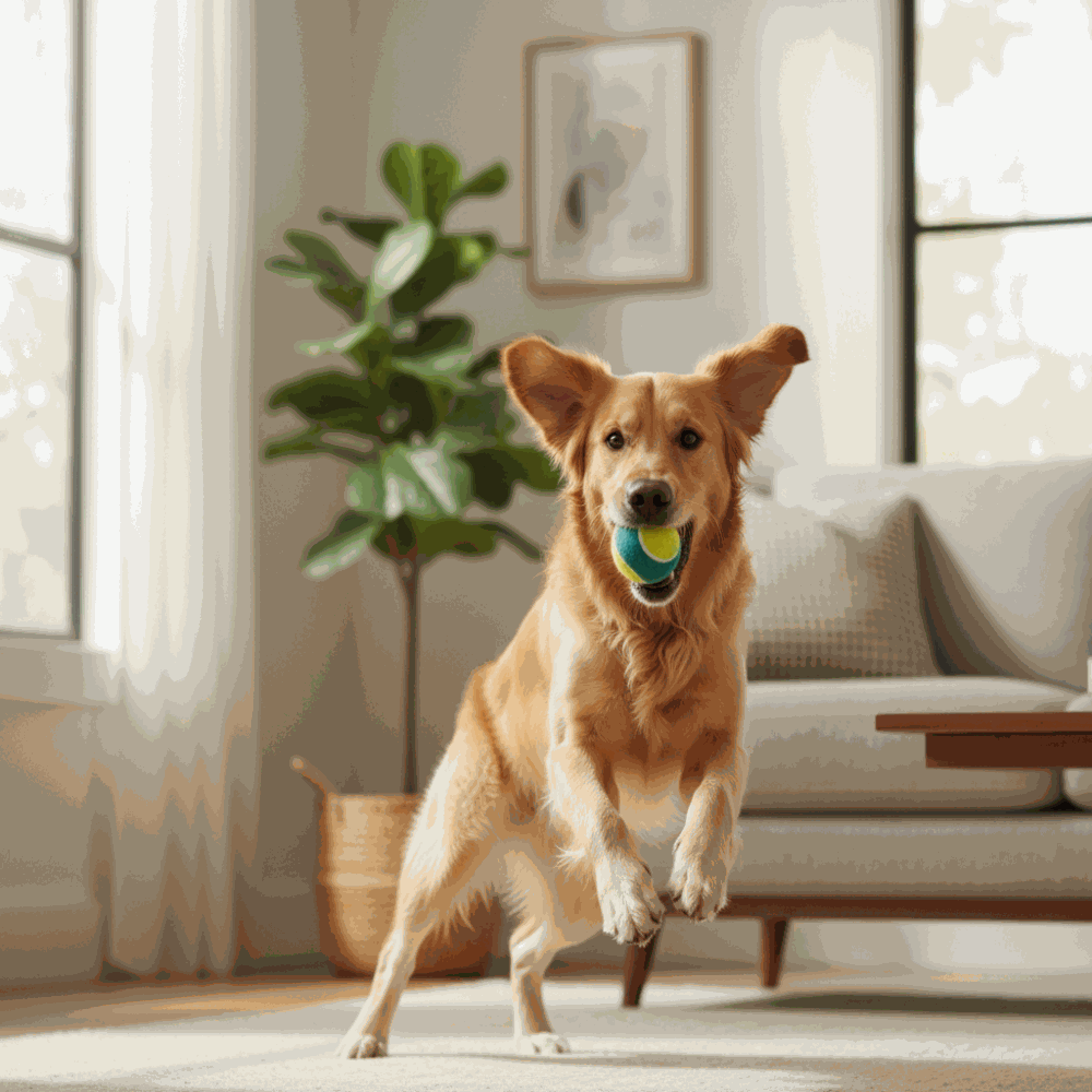 Dog playing with a ball in a living room