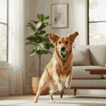 Dog playing with a ball in a living room