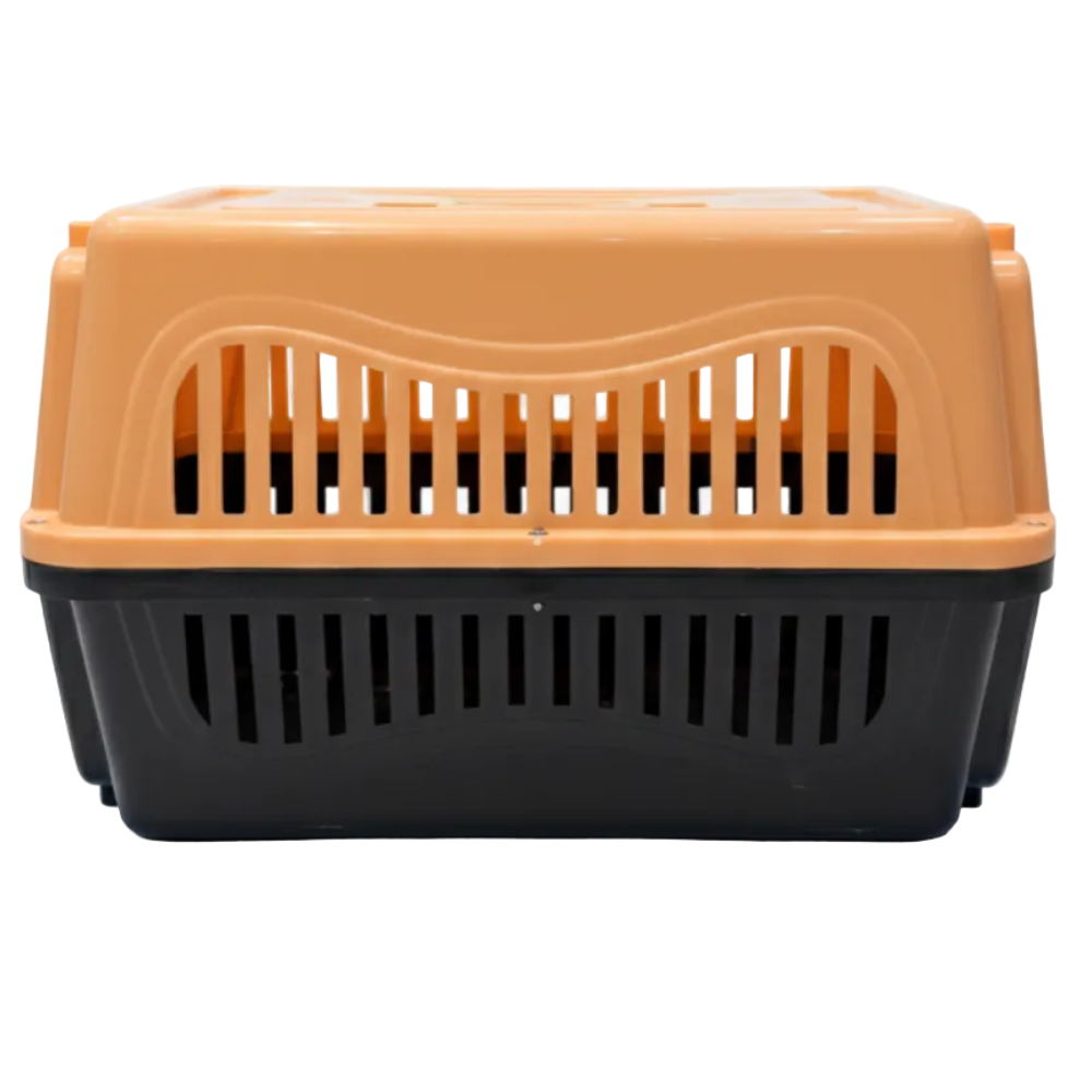 Pet carrier with orange top and black bottom on a white background