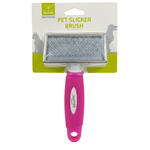 Pet slicker brush with pink handle on a white background