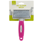 Pet slicker brush with pink handle on a white background