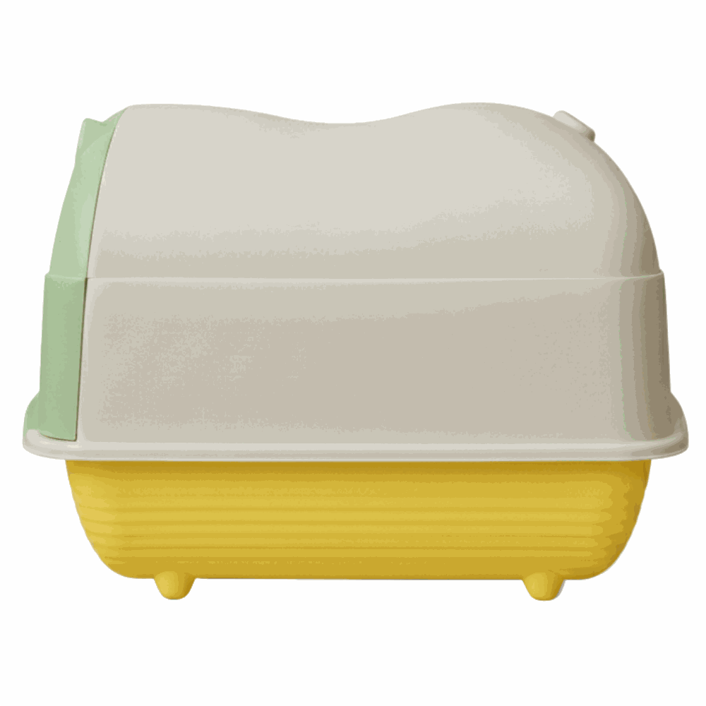 Pet litter box with a beige top and yellow base on a white background