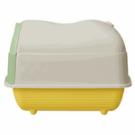 Pet litter box with a beige top and yellow base on a white background