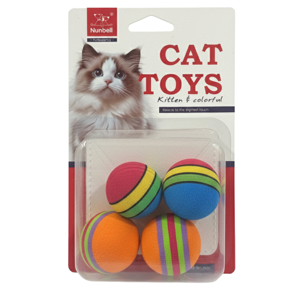 Cat toys with colorful balls in a clear plastic packaging on a white background