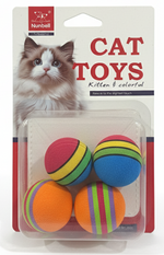 Cat toys with colorful balls in a clear plastic packaging on a white background