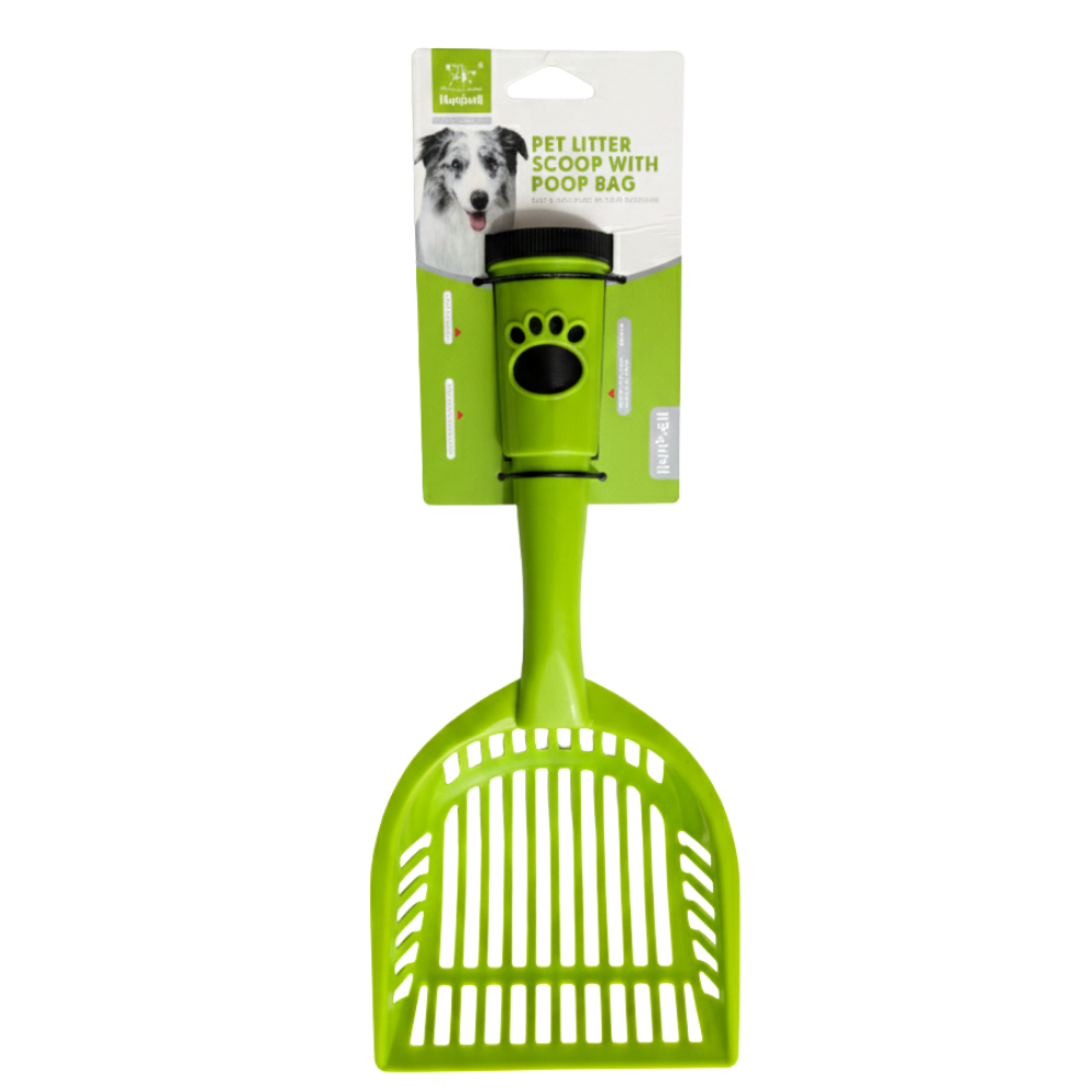 Green pet scoop with packaging on a white background