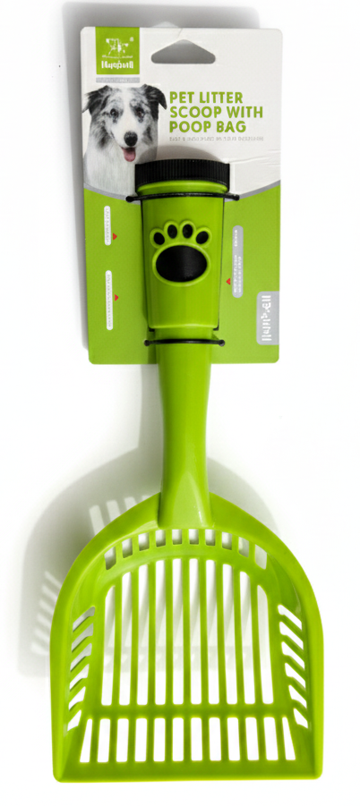 Green pet scoop with packaging on a white background