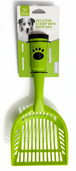 Green pet scoop with packaging on a white background
