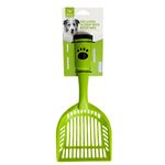 Green pet scoop with packaging on a white background