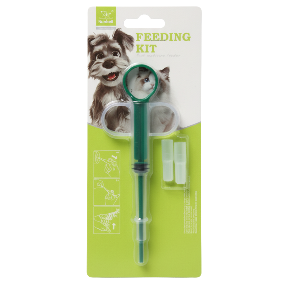 Pet feeding kit on a green and white packaging with images of a dog and cat.