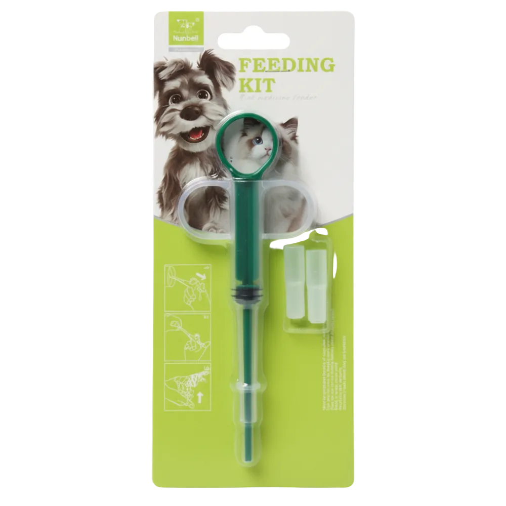 Pet feeding kit on a green and white packaging with images of a dog and cat.