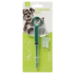 Pet feeding kit on a green and white packaging with images of a dog and cat.