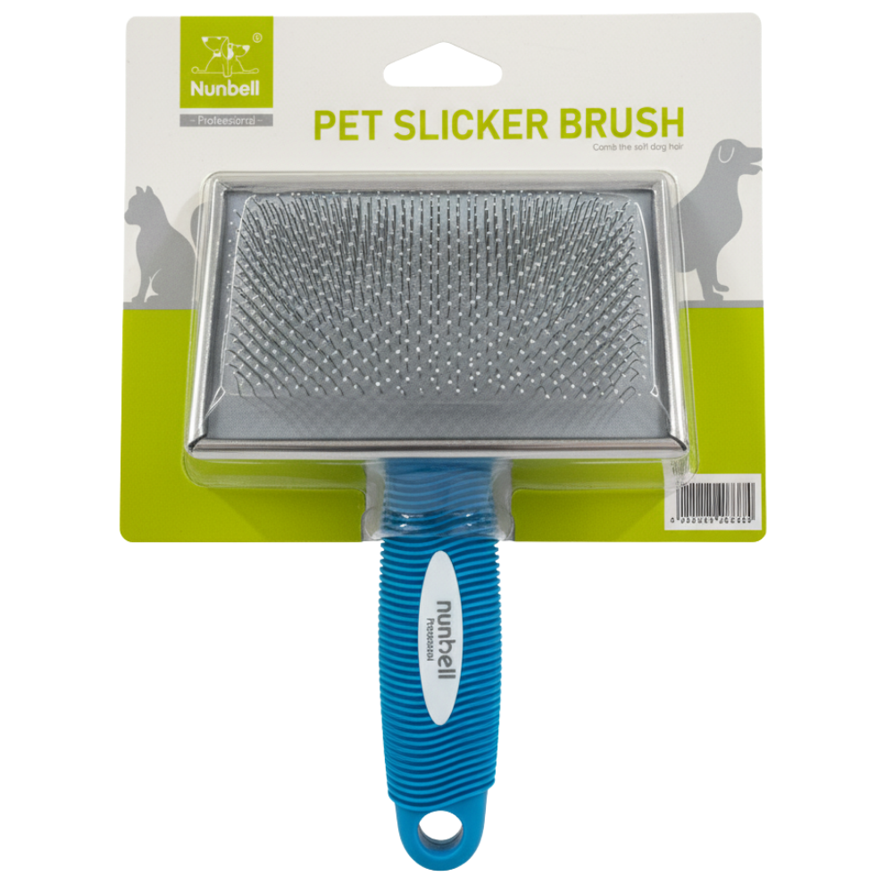 Pet slicker brush with blue handle on a white background