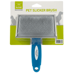 Pet slicker brush with blue handle on a white background