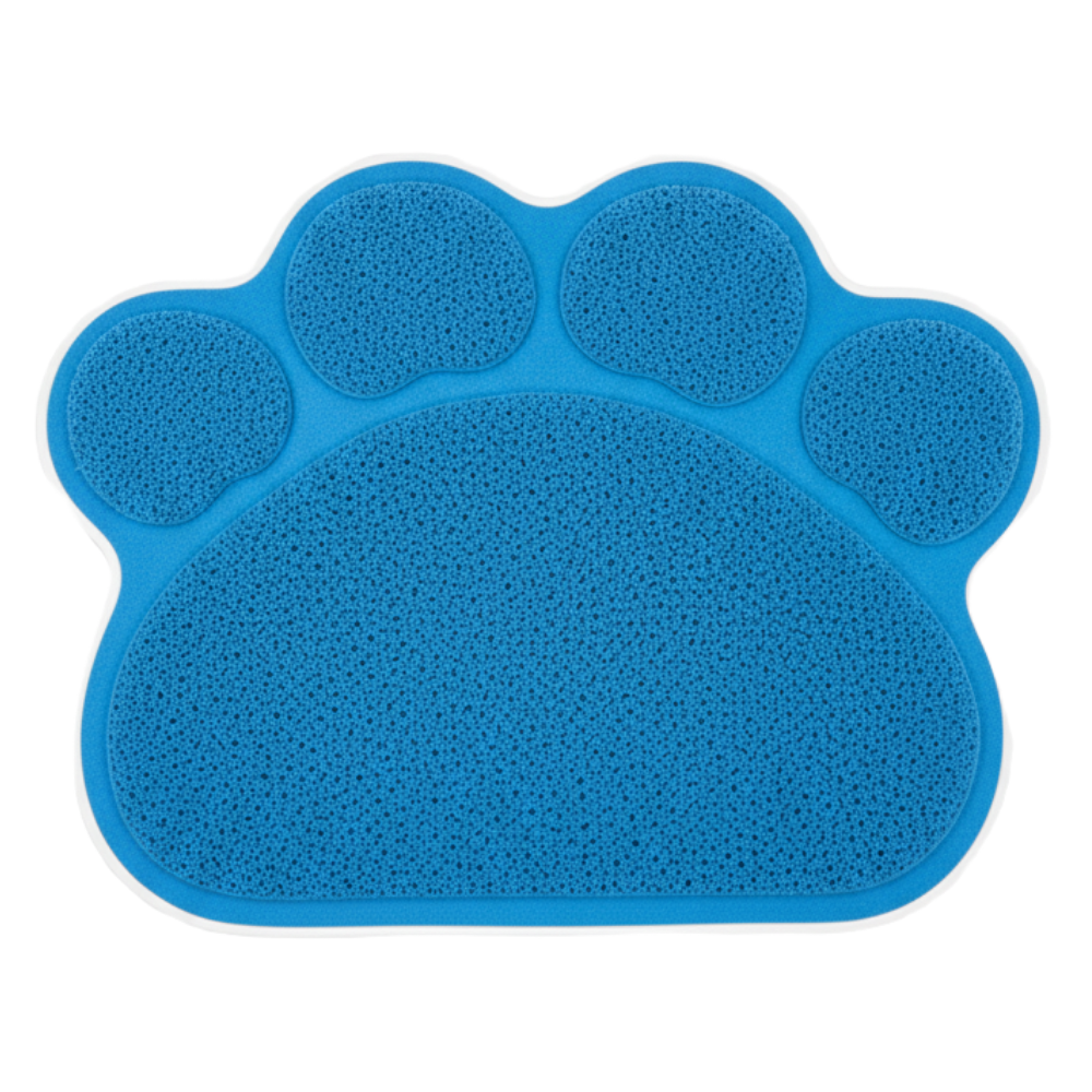 Blue paw-shaped mat on a white background