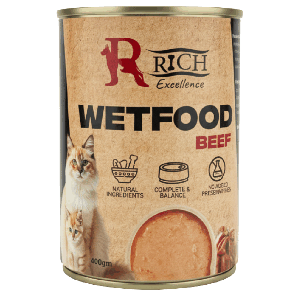 Can of Rich Excellence Wetfood Beef for cats on a white background