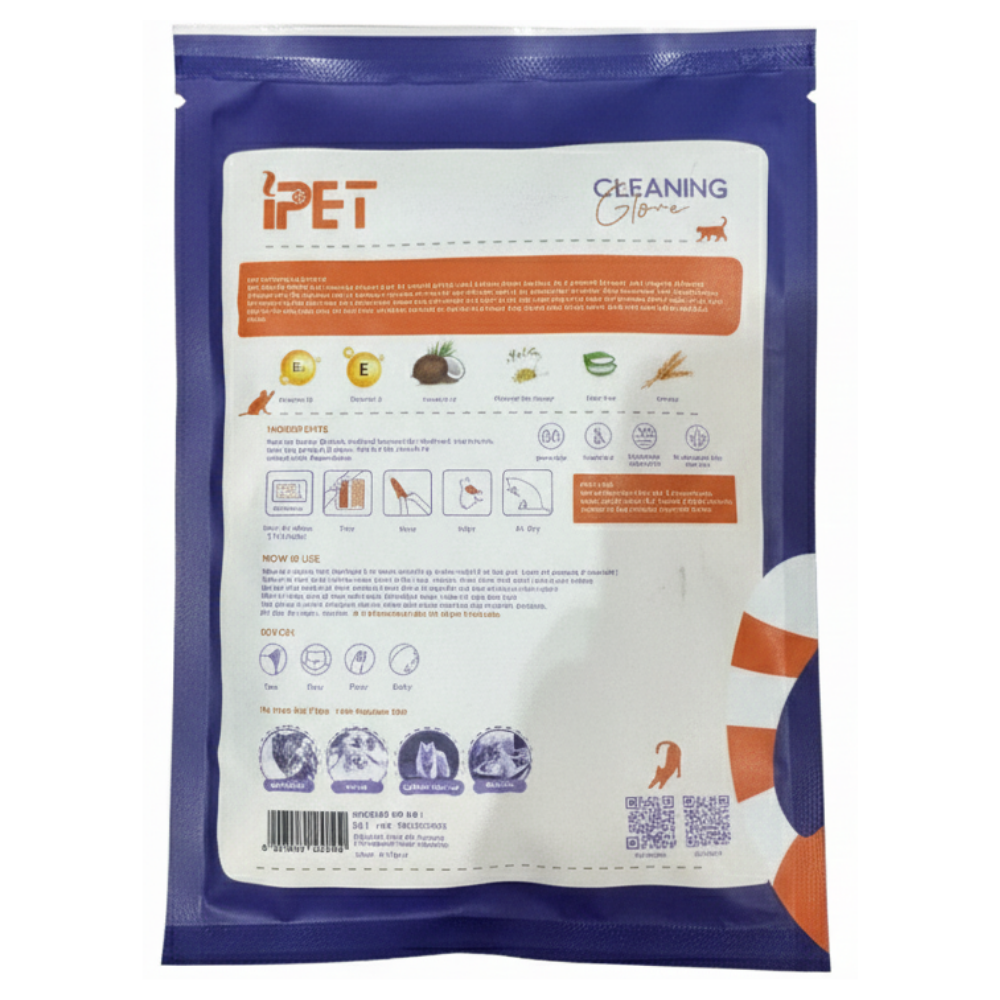 Back view of a iPet product packaging with text and logos.