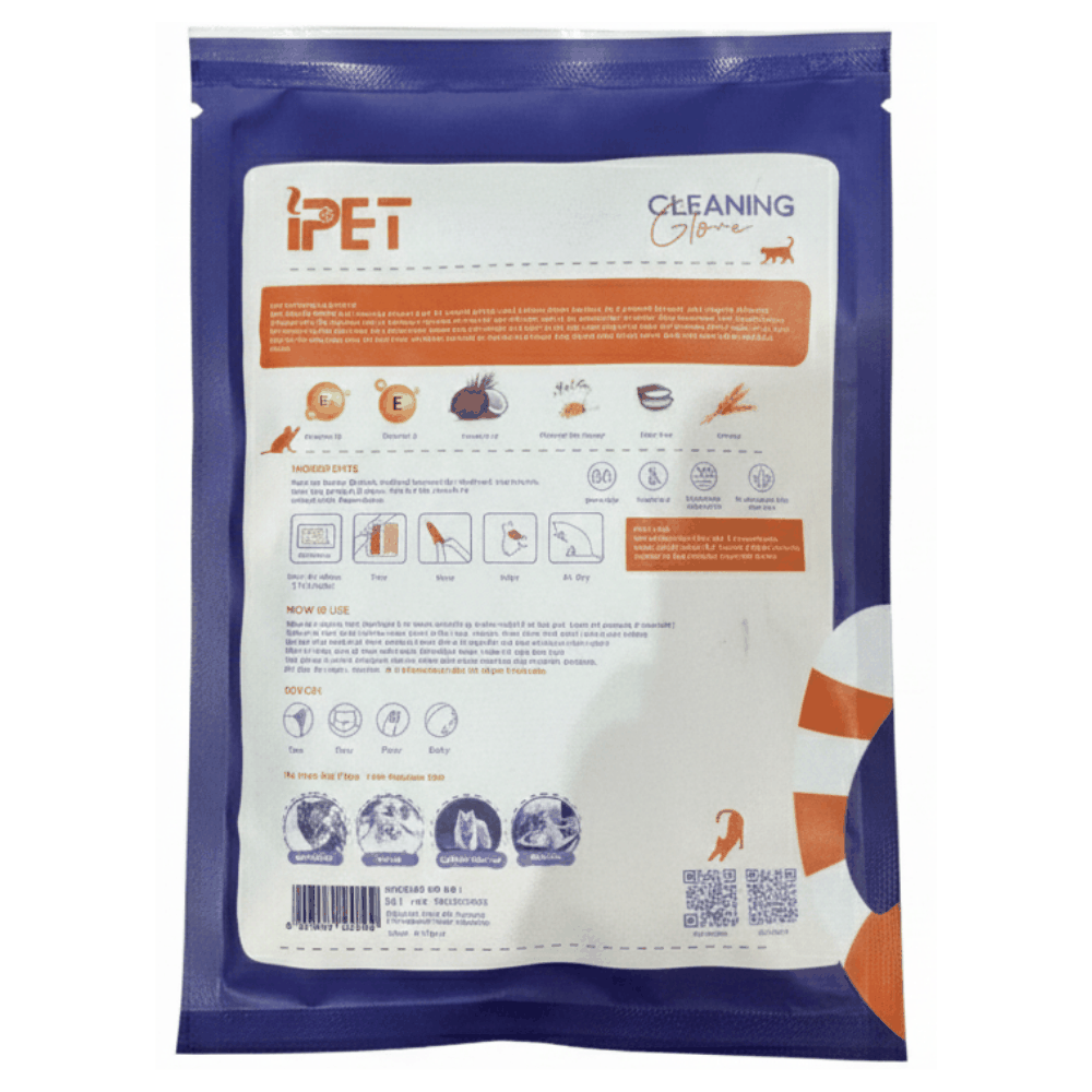 Back view of a iPet product packaging with text and logos.
