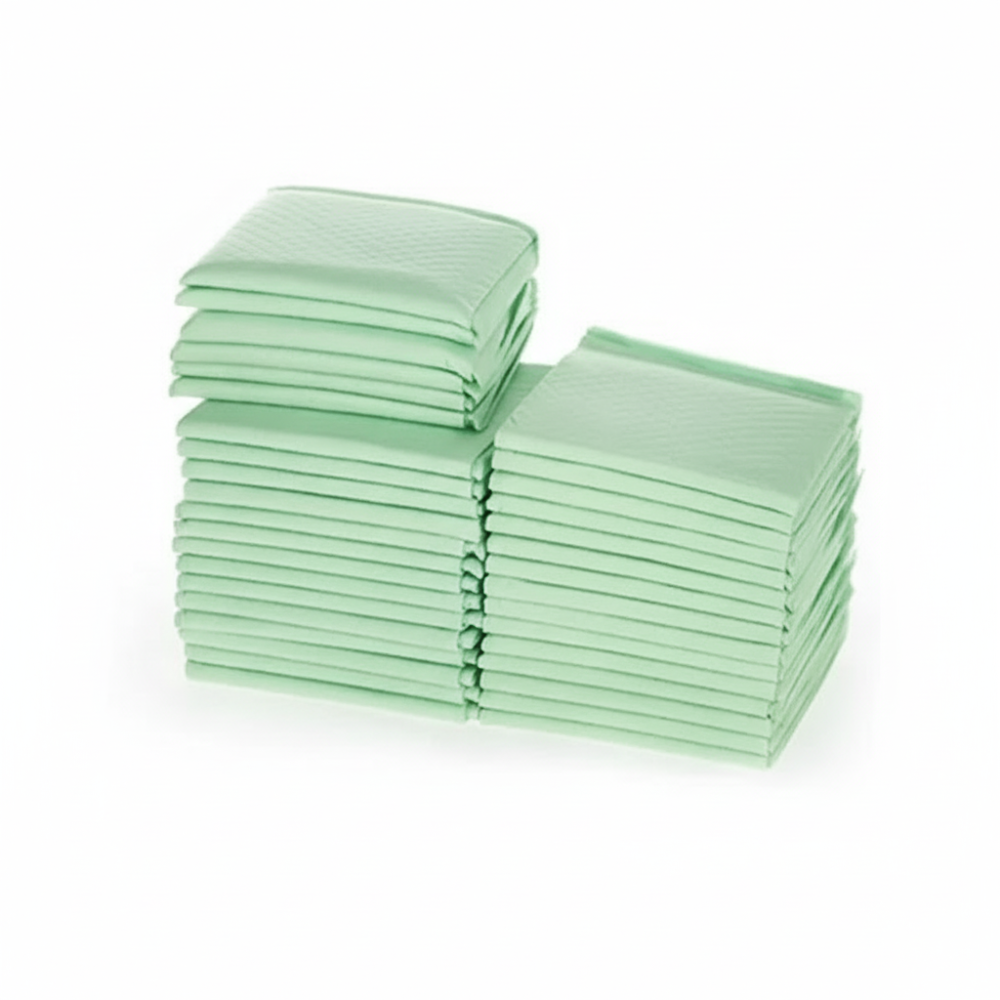 Stack of green disposable items on a white background