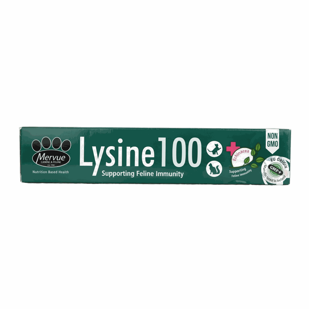 Mervue Lysine 100 supplement box for cats on a white background