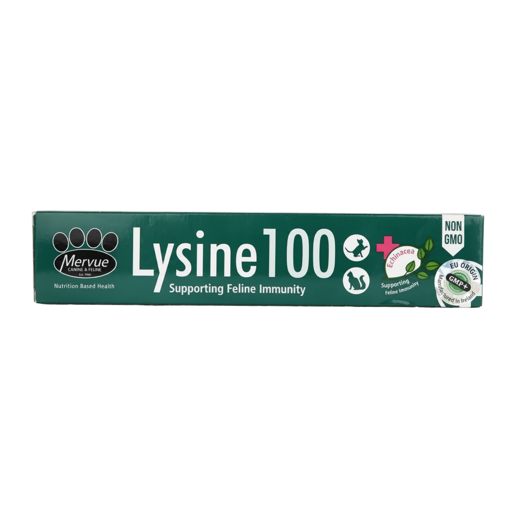 Mervue Lysine 100 supplement box for cats on a white background