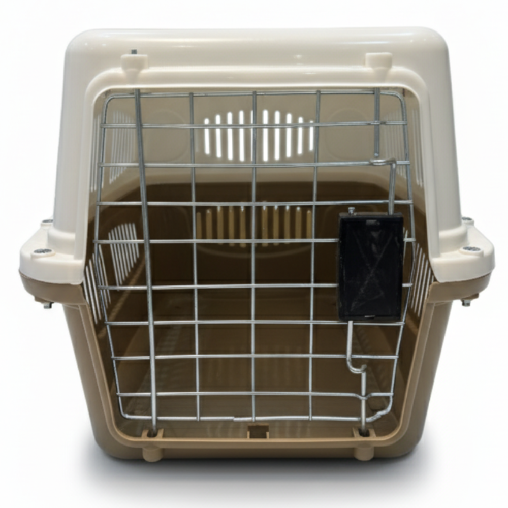 Pet carrier with a beige exterior and wire interior on a white background