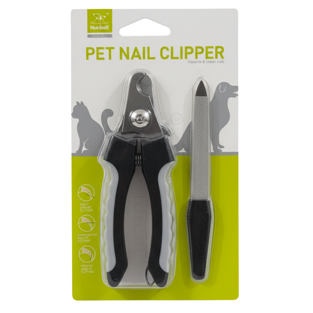 Pet nail clipper with packaging featuring a green and white design.
