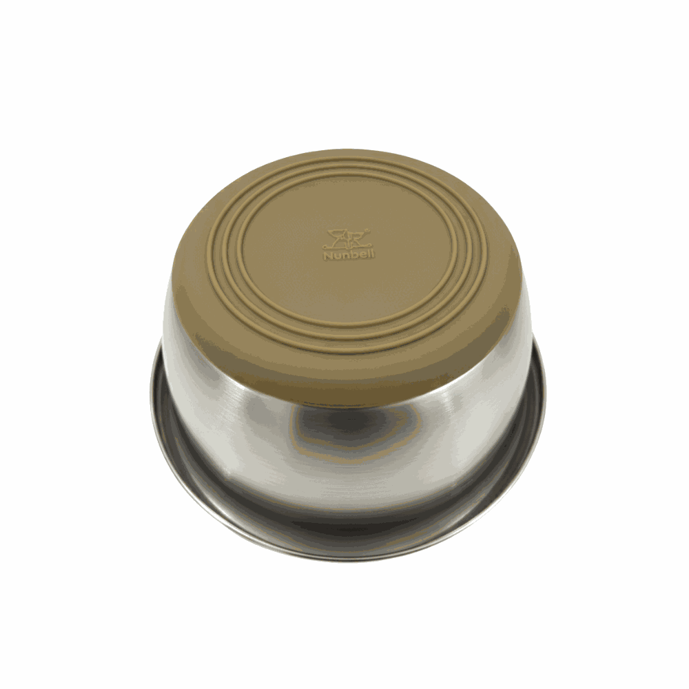 Stainless steel container with a green lid on a white background