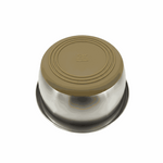 Stainless steel container with a green lid on a white background