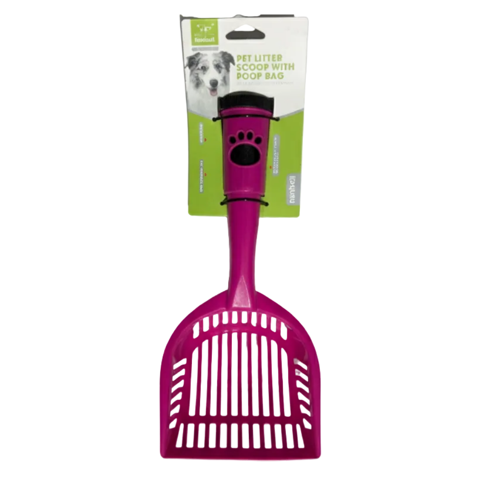 Pink pet cleaning tool with packaging on a white background