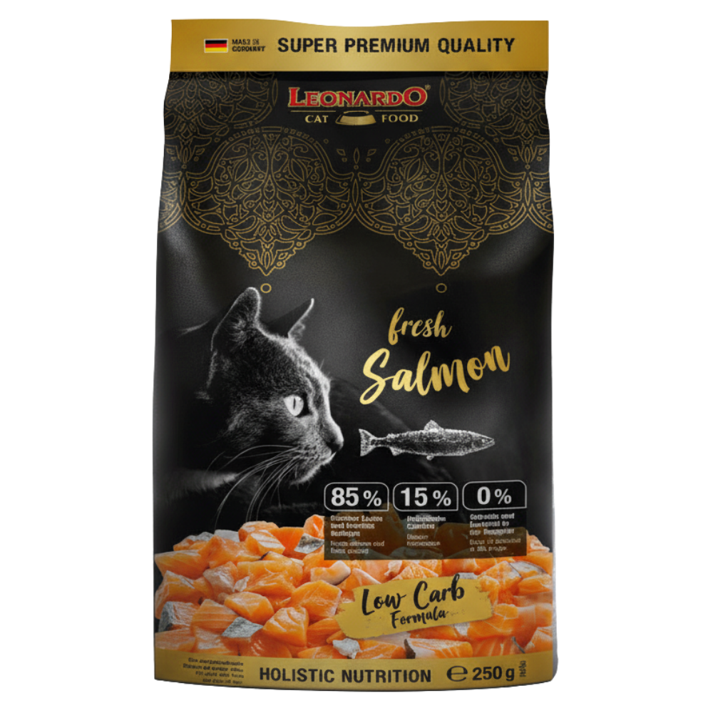 Leonardo cat food package with a black background, featuring a cat and salmon illustration.