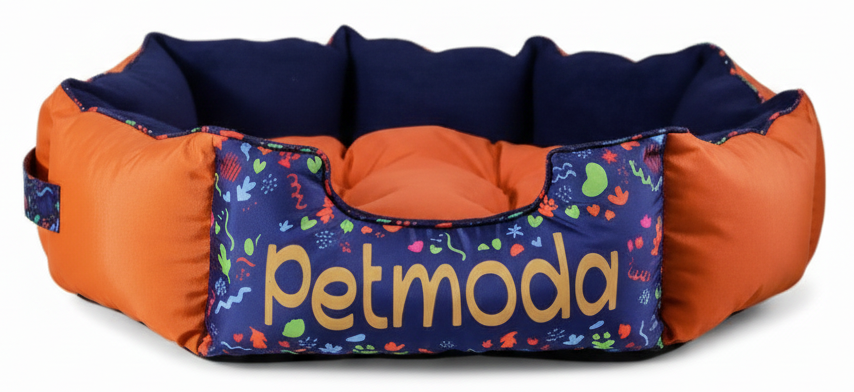 Pet bed with colorful design and 'petmoda' branding on a white background