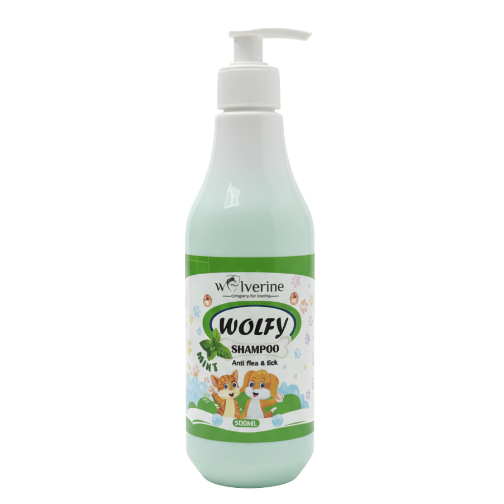 Shampoo bottle labeled 'Wolfy' with a pump on a white background