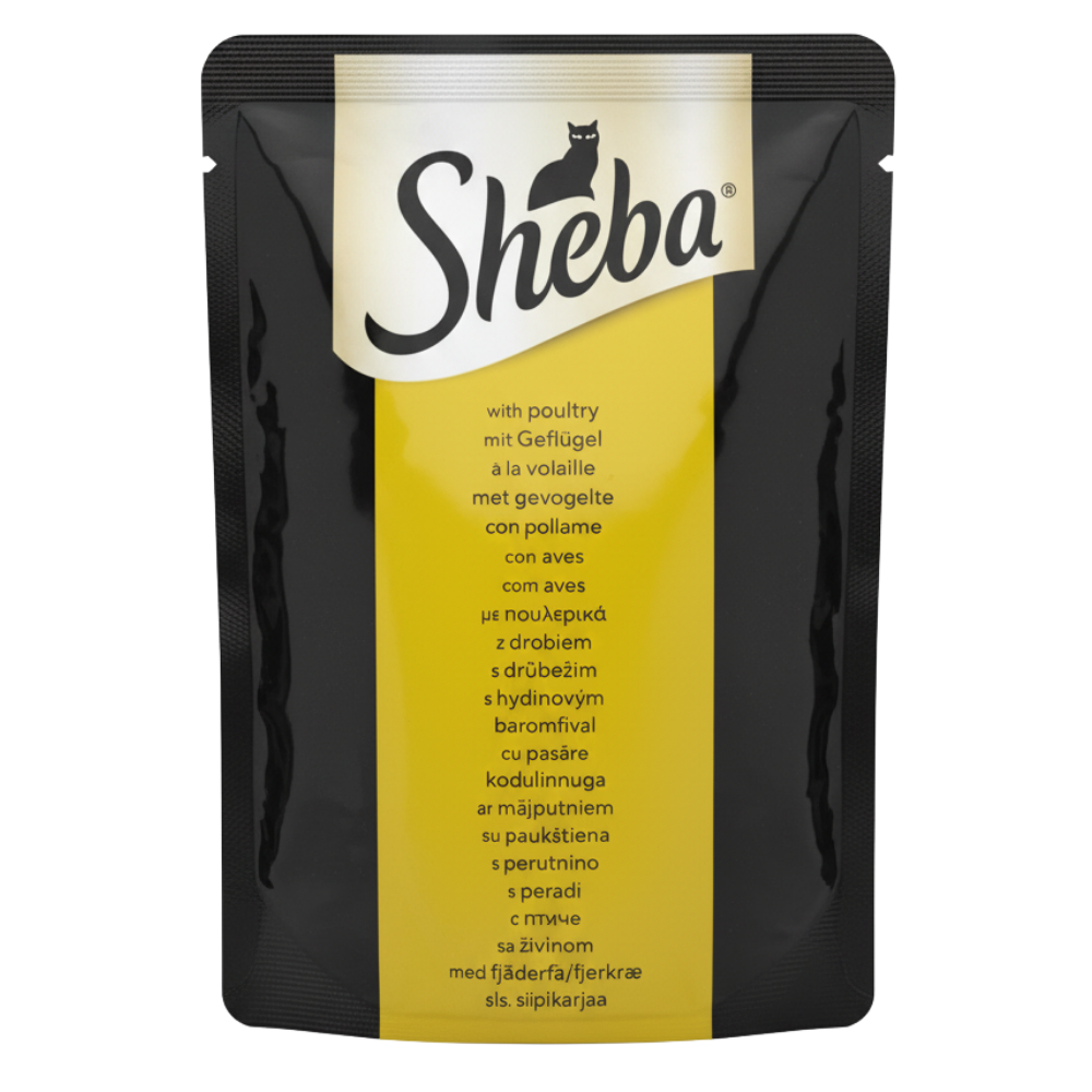 Sheba cat food pouch with yellow label and black packaging