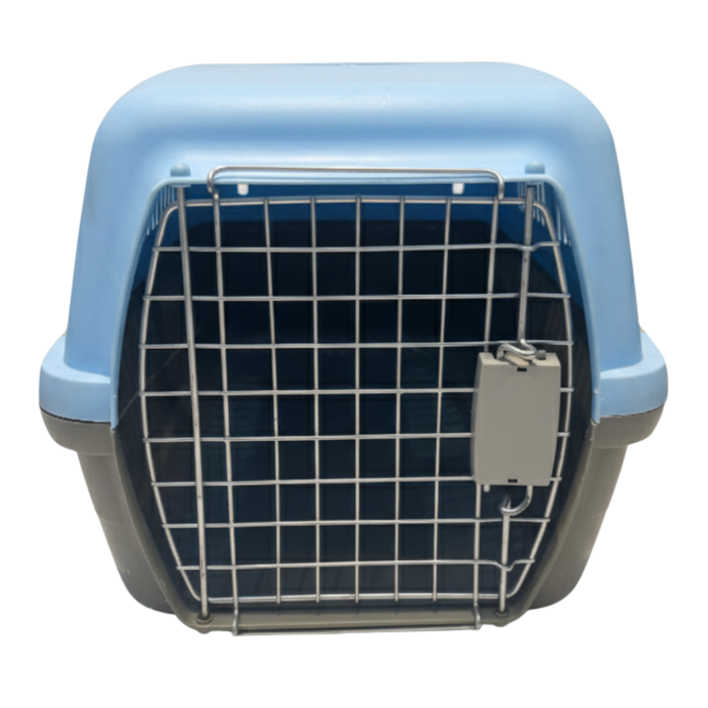 Pet carrier with blue top and gray bottom on a white background