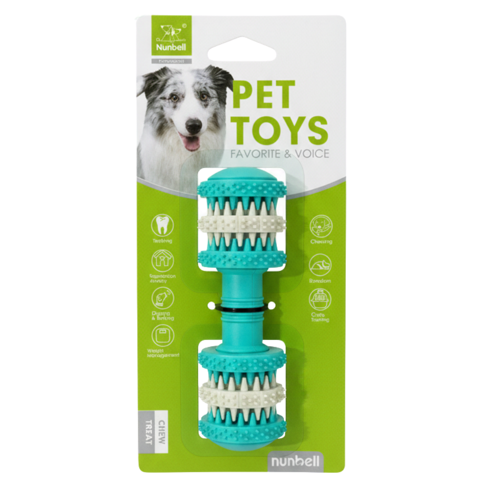 Teal pet toy with packaging featuring a dog and 'Nunhull' branding on a white background.