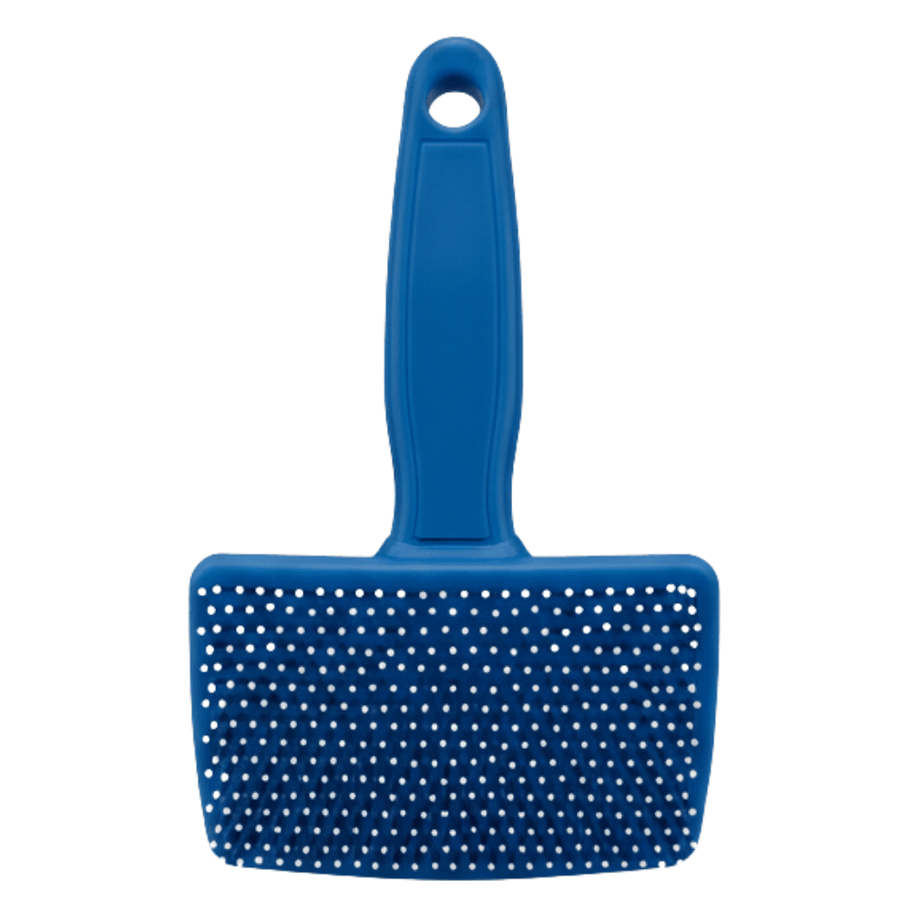 Blue pet grooming brush on a white background