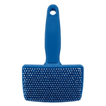 Blue pet grooming brush on a white background