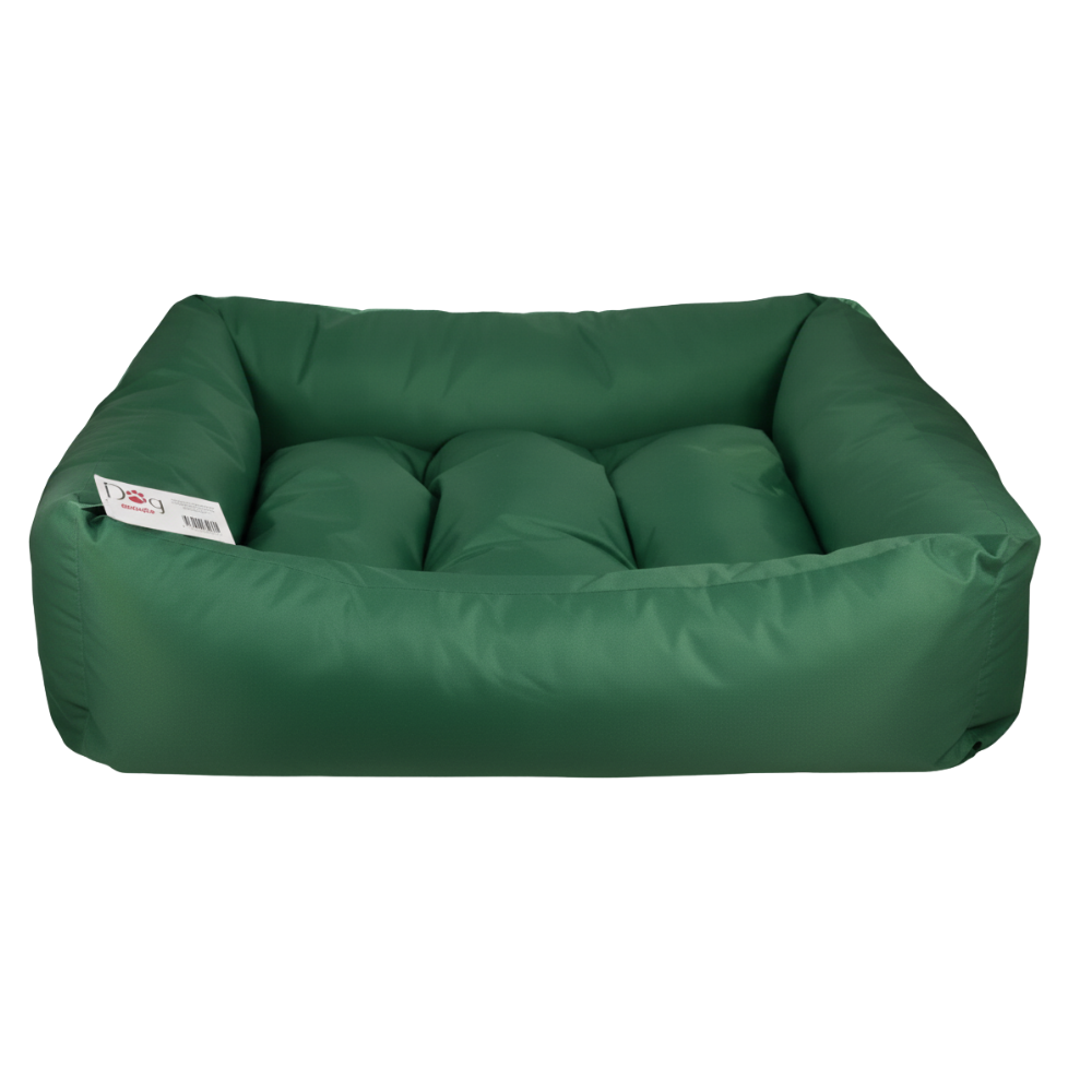 Green pet bed with a visible brand label on a white background