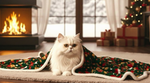Cat sitting on a Christmas-themed blanket in a cozy living room with a fireplace and decorated tree.