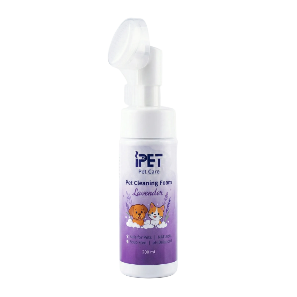 Pet cleaning foam bottle with lavender scent on a white background