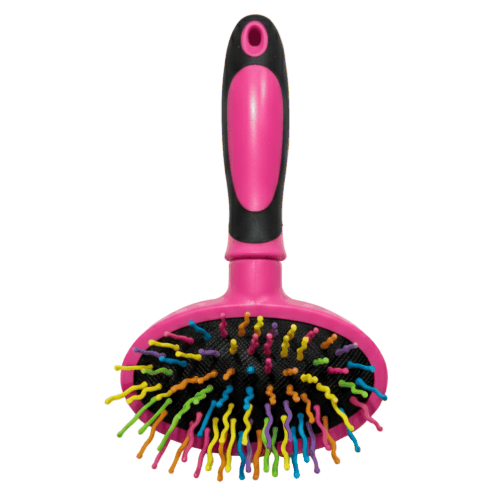 Pink pet grooming brush with colorful bristles on a white background