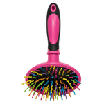 Pink pet grooming brush with colorful bristles on a white background