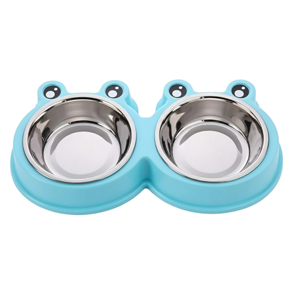 Blue double pet bowl with stainless steel bowls on a white background