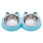Blue double pet bowl with stainless steel bowls on a white background