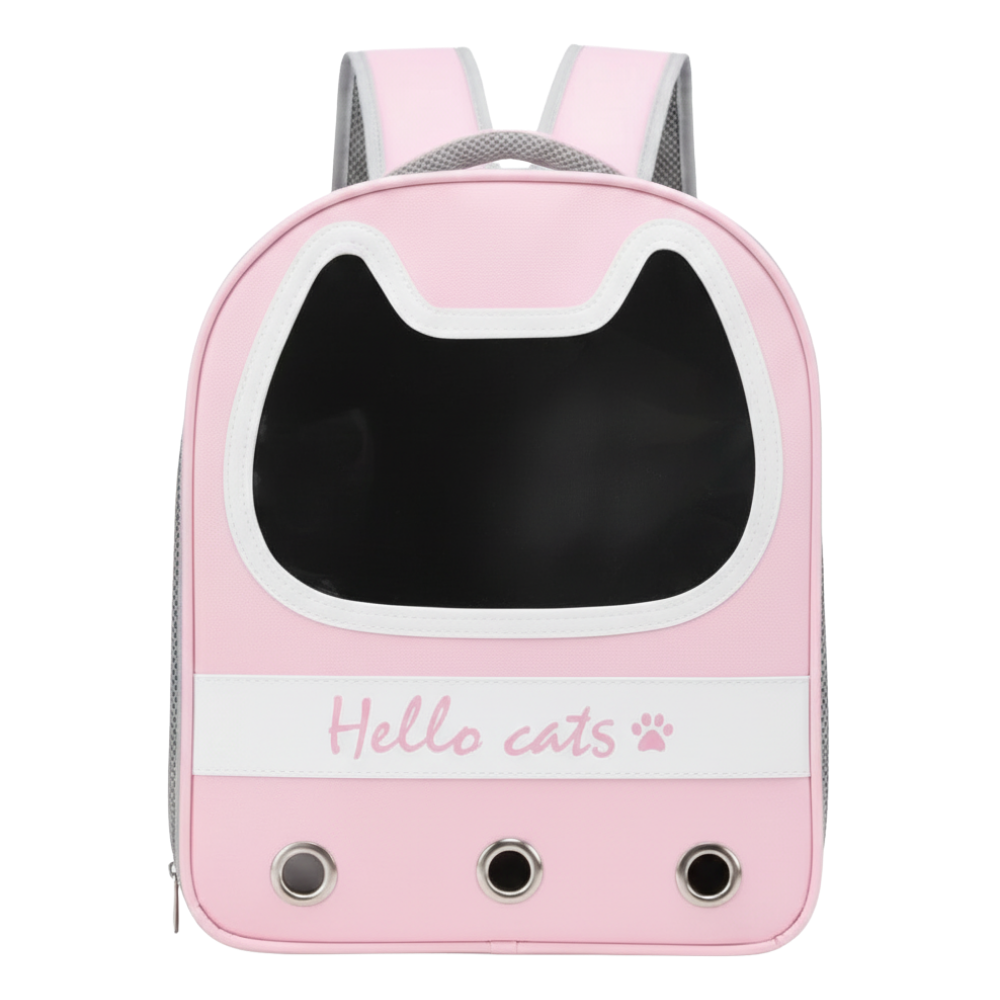 Pink pet backpack with 'Hello cats' text on a white background