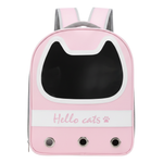 Pink pet backpack with 'Hello cats' text on a white background