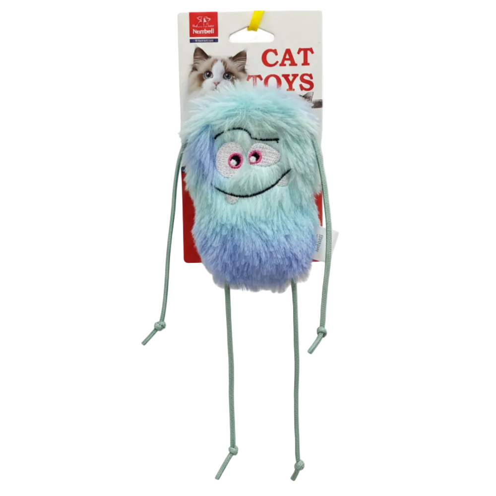 Cat toy with a blue fuzzy face and pink eyes on a white background