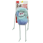 Cat toy with a blue fuzzy face and pink eyes on a white background